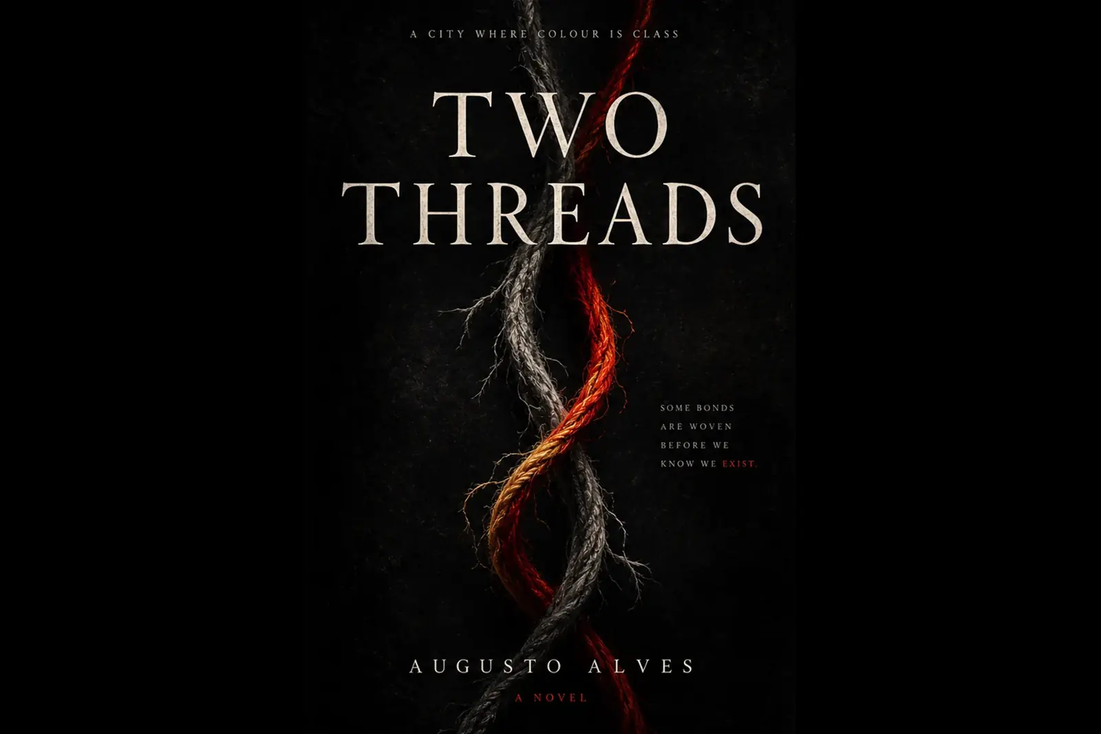 Cover art for Two Threads: a grey thread and a red thread twisting together
